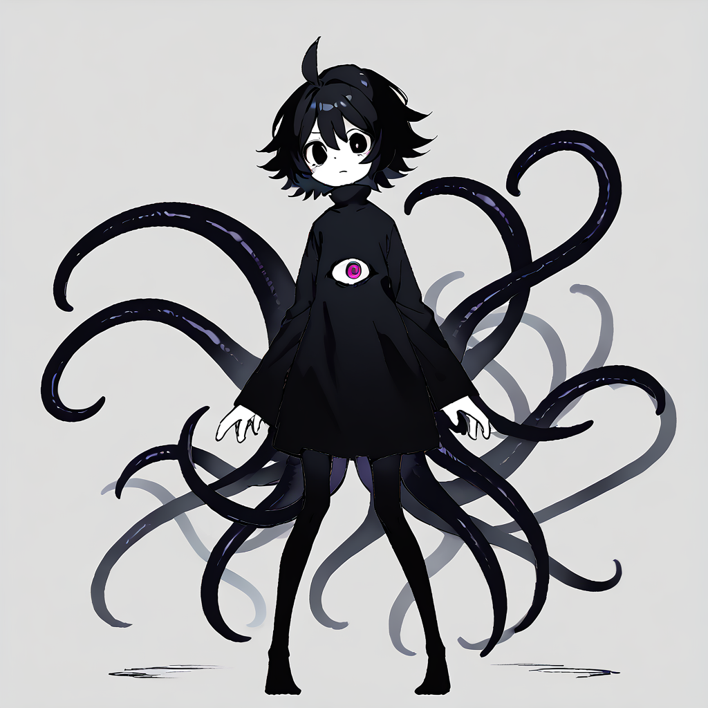 <lora:Mammon:1> 1girl, solo, black hair, ahoge, short hair, long sleeves, tentacles, black eyes, white skin, colored skin, black dress