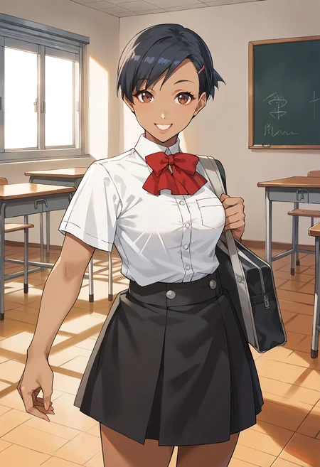 score_9, score_8_up, score_7_up, score_6_up, score_5_up, score_4_up, source_anime
(masterwork, masterpiece, best quality, hyper-detailed :1.3),
1 girl, solo, cute face,
p3yuko, short hair, black hair, hairclip, pink hairclip, hair ornament, brown eyes, dark skin, dark skinned female, tanned, lips
p3yuko-summer, gekkoukan high school uniform, shirt, white shirt, short sleeves, skirt, black skirt, bow, bowtie, red bowtie
classroom, looking at viewer, standing, cowboy shot, smile,