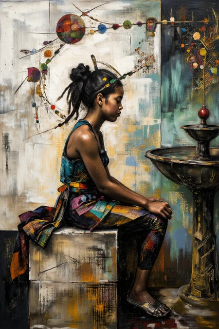 Side view, Zambian, earth theme, white-toned <lora:BlackColor:1>, intricate black and verdigris and bronze fractal Surrealism painting. The main subject is an abyssal teenage futuristic clothed bejewelled smiling Queen of Hearts sprinting sitting beside a fountain. The overall mood of the painting is of a primal moment in time. The green underpainting is obvious in many parts of the painting. <lora:Eldritch_Paint_Sketch_for_Flux_1.0.5:0.75> <lora:midjourney_whisper_chromaplex_v1:1>
