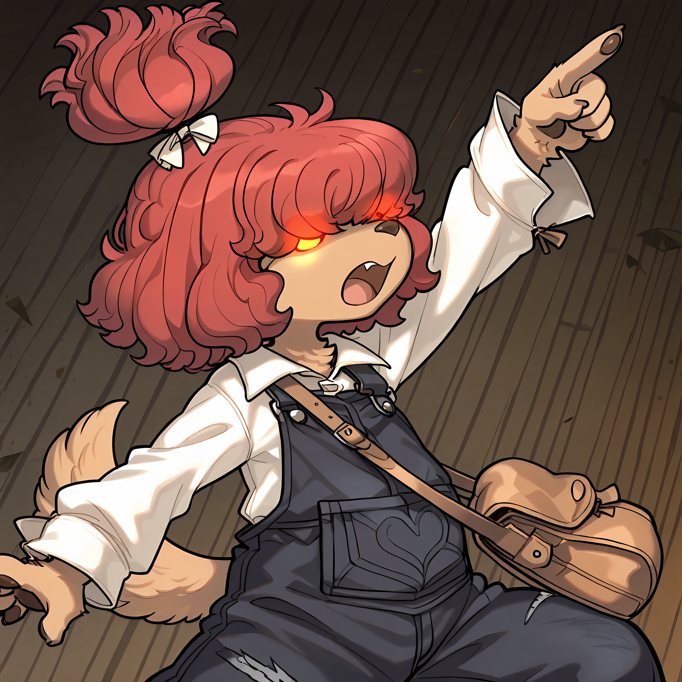 BREAK, <lora:Wappa_Charlotte:1>, Wappa Charlotte, Fuga: Melodies of Steel, kemono, furry female, young female, 1girl, dog girl, tan fur, (hair over eyes), red hair, bangs, dog tail, Fuga 1 appearance, topknot, ponytail, hair bow,
BREAK, Fuga 1 Outfit, baggy overalls, white blouse, long sleeves, brown satchel, shoulder bag,
BREAK, solo, half body, (glowing eyes, hero mode, glowing eyes behind hair), determined, action, action pose, tense, arm up, pointing, paw pads, open mouth
