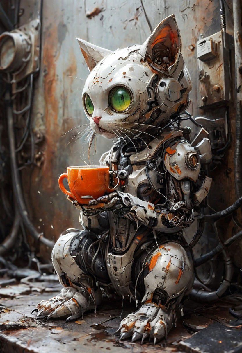 (Robot)
photo-realistic,
higly-detailed,
cat wearing a futuristic space suit,
serious expresssion
a orange and white kitty sipping a mug of hot coffee holding it with it's two front paws,
lapping up the coffee as if it were drinking water,
light green eyes,