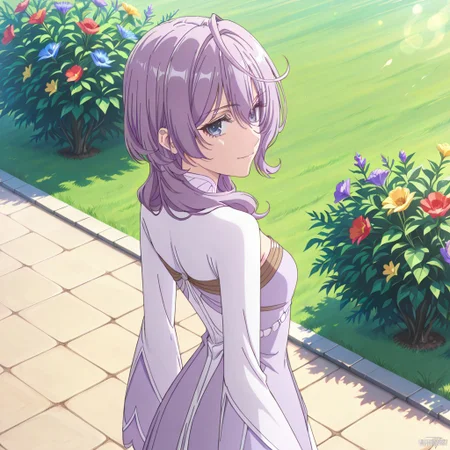 score_9, score_8_up, score_7_up, dynamic view, eye_focus, solo, looking_at_viewer, 1girl,
masterpiece, best quality, bokeh, luminescent background,
( philiaa denauer, purple hair, ahoge, long hair, blunt bangs, hair over shoulder, hair betveen eyes, purple eyes, small breasts, closed mouth, serious face, dress, two-tone dress, purple dress, white dress, sidelocks, long sleeves, white shoes,
),
solo, from behind, outdoors, garden, flower, red flower, blue flower, purple flower, yellow flower, looking back, smile