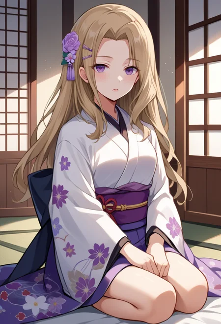 score_9, score_8_up, source_anime, 1girl, solo, TakashimaYakumo, light brown hair, purple eyes, long hair, hairclip, indoors, kimono, hair flower, floral print, wariza, kneeling, <lora:ChamTakashimaYakumoPonyXL:1>