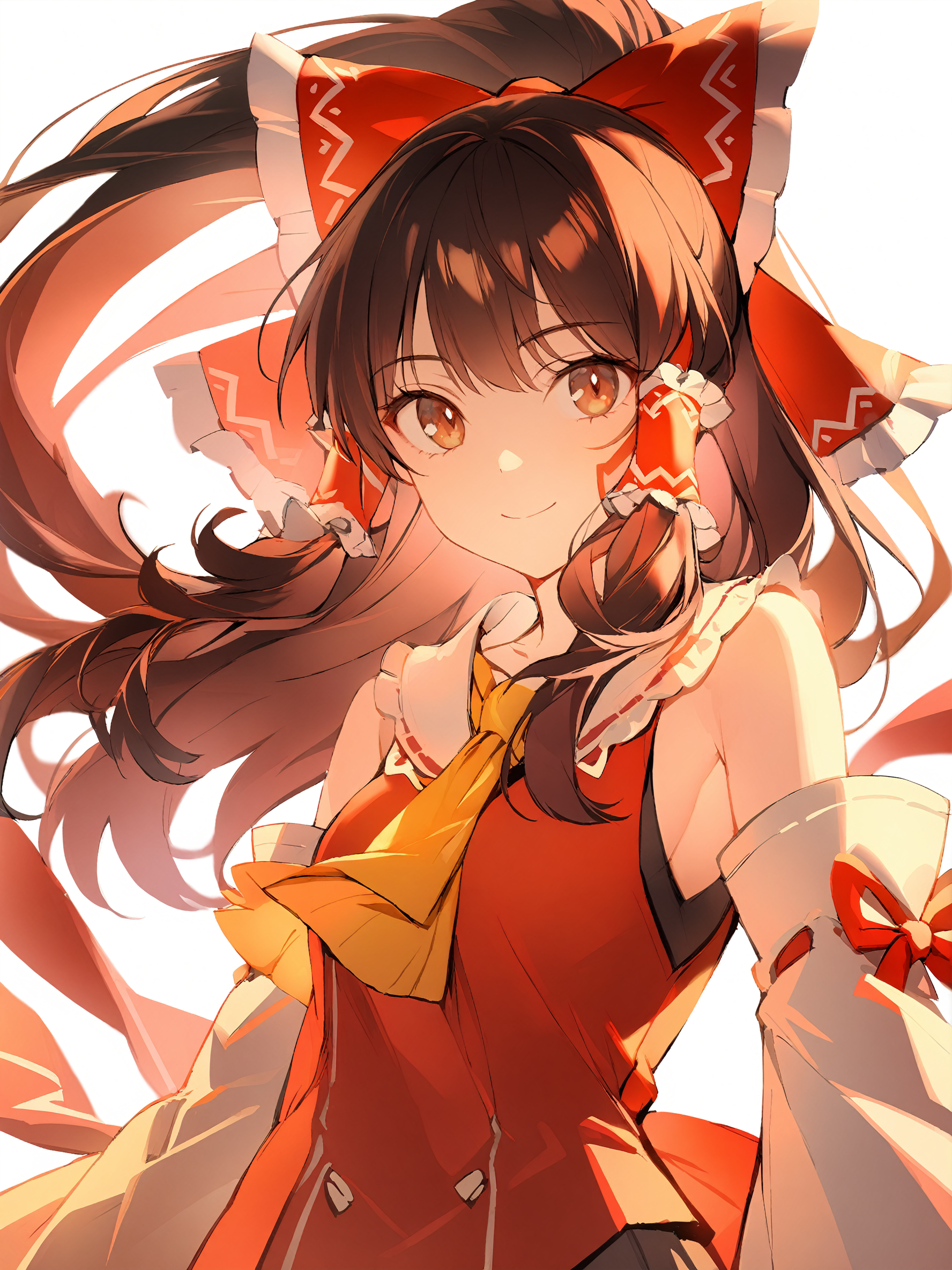 1girl, 
hakurei reimu,  
solo, brown hair, long hair, brown eyes, white background, simple background, looking at viewer, bare shoulders, ascot, bow, closed mouth, hair tubes, yellow ascot, red bow, hair bow, smile, detached sleeves, sidelocks, upper body, 
masterpiece, best quality,  safe
 <lora:mki-ani31-blackmeow-v1-000120:1>
