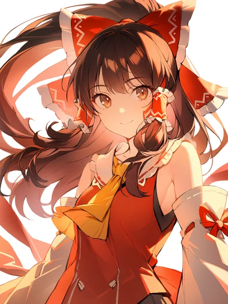 1girl,
hakurei reimu,
solo, brown hair, long hair, brown eyes, white background, simple background, looking at viewer, bare shoulders, ascot, bow, closed mouth, hair tubes, yellow ascot, red bow, hair bow, smile, detached sleeves, sidelocks, upper body,
masterpiece, best quality, safe
<lora:mki-ani31-blackmeow-v1-000120:1>