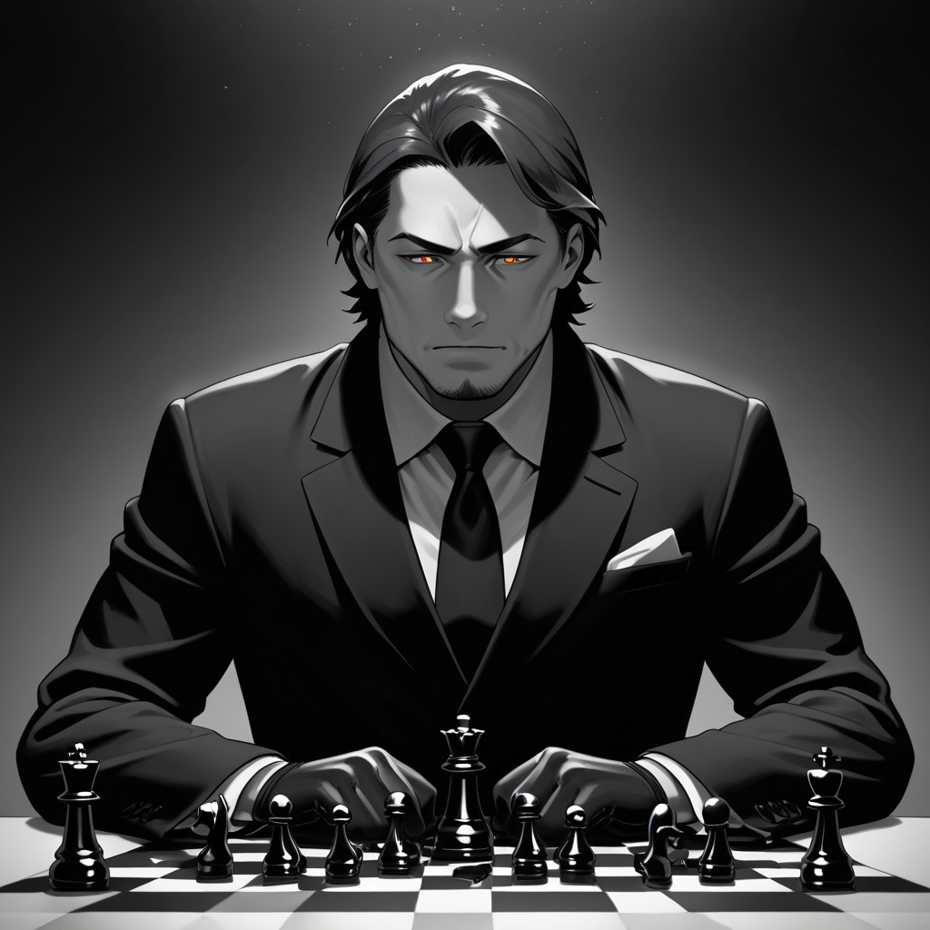 masterpiece, best quality, amazing quality, absurdres, newest, detailed background, definition so sharp, Ultra-HD, 8K cinematic, very awa, impressionate, amazing quality, highres, 
solo, male focus, manly, shadow, shiny skin,
shimonmakusu, shimon_brunette, shimon_orange eyes, 1boy, short hair, stubble, goatee, mature male, cold_expression, intense_gaze, mastermind, strategist, chess_board, gloves, suit, shadowed_face, calculating, observant, monochrome, sharp_focus, confident_pose, dark_academia