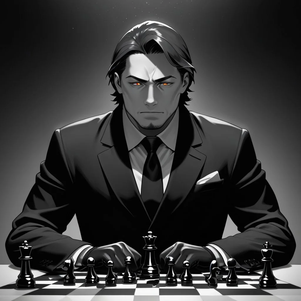 masterpiece, best quality, amazing quality, absurdres, newest, detailed background, definition so sharp, Ultra-HD, 8K cinematic, very awa, impressionate, amazing quality, highres,
solo, male focus, manly, shadow, shiny skin,
shimonmakusu, shimon_brunette, shimon_orange eyes, 1boy, short hair, stubble, goatee, mature male, cold_expression, intense_gaze, mastermind, strategist, chess_board, gloves, suit, shadowed_face, calculating, observant, monochrome, sharp_focus, confident_pose, dark_academia