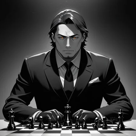masterpiece, best quality, amazing quality, absurdres, newest, detailed background, definition so sharp, Ultra-HD, 8K cinematic, very awa, impressionate, amazing quality, highres,
solo, male focus, manly, shadow, shiny skin,
shimonmakusu, shimon_brunette, shimon_orange eyes, 1boy, short hair, stubble, goatee, mature male, cold_expression, intense_gaze, mastermind, strategist, chess_board, gloves, suit, shadowed_face, calculating, observant, monochrome, sharp_focus, confident_pose, dark_academia