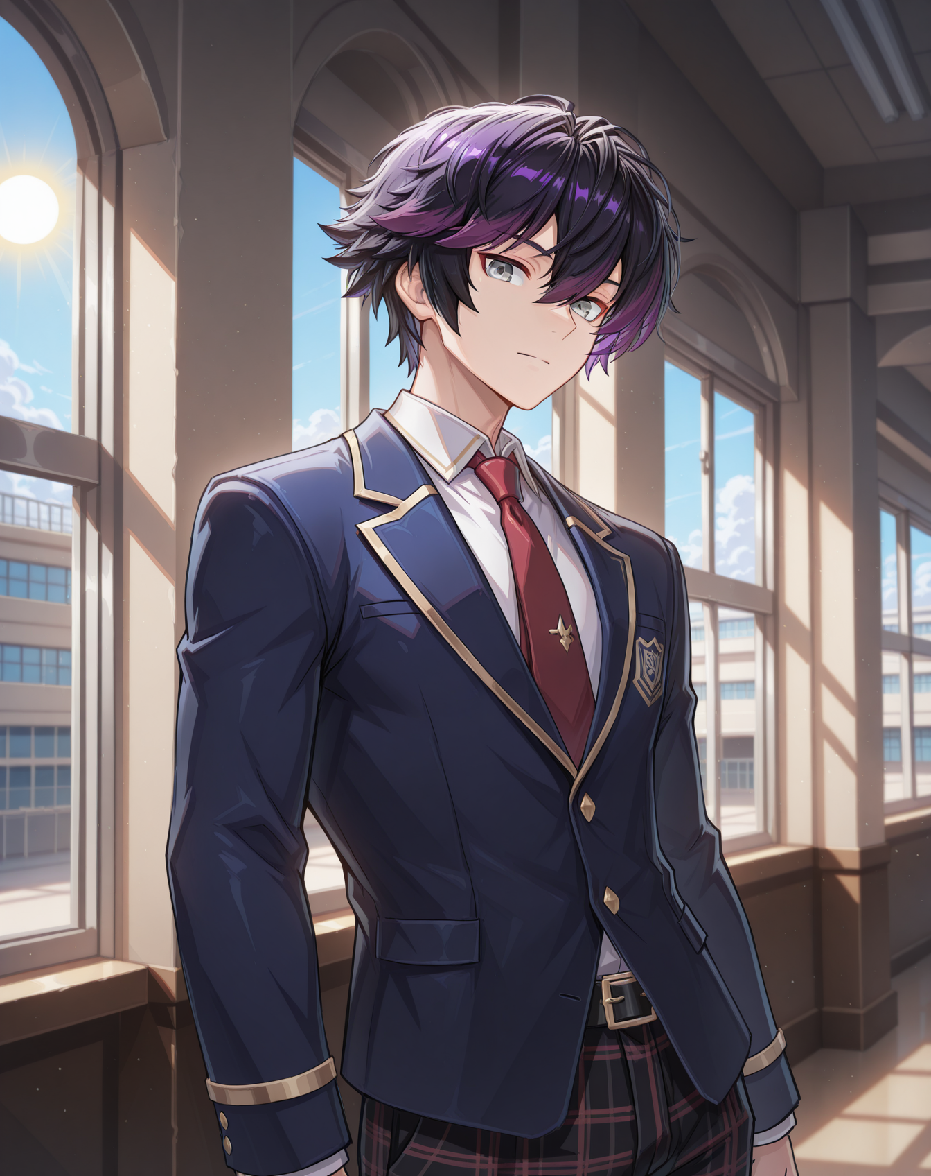 masterpiece,best quality,amazing quality, newest, very aesthetic, absurdres,
1boy, solo, yaoi, male focus, looking at viewer, cowboy shot,
<lora:Sieghart_T_Default_ilxl:1> siegtdefault, black hair, multicolored hair, purple hair,hair between eyes, short hair, grey eyes,
school uniform, white shirt, collared shirt, blue jacket, red necktie, black pants, plaid pants,
indoors, school, hallway, window, day, sun,