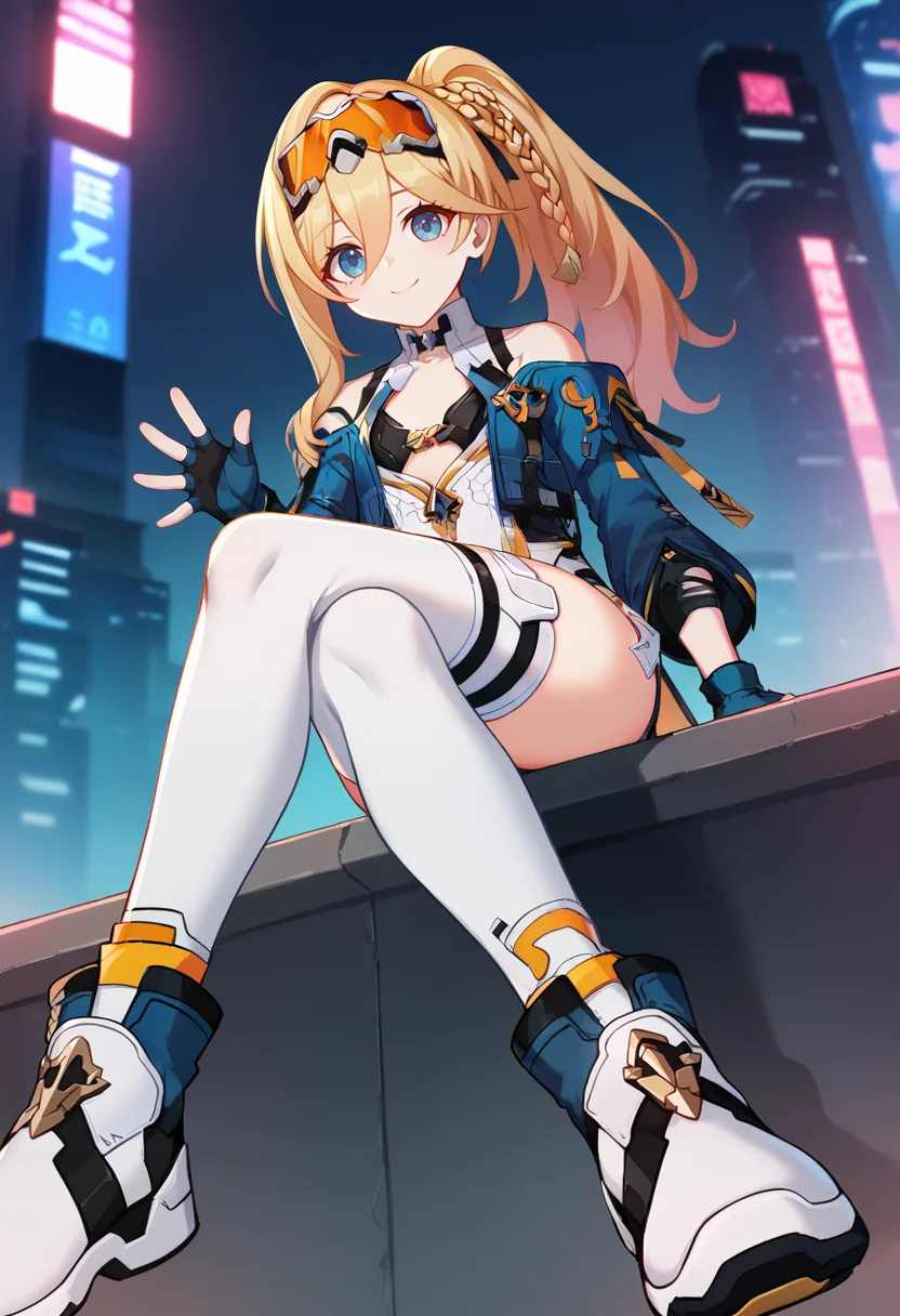 score_9_up,score_8_up,score_7_up,<lora:Durandal_v0.9_PONY-00030:1>,
1girl,solo,
Honkai_XD,hair between eyes,long hair,blonde hair,blue eyes,braid,white thighhighs,goggles on head,side ponytail,blue jacket,fingerless gloves,gloves,looking at viewer,side braid,white footwear,full body,smile,sitting,crossed_legs,cyberpunk,city,spacecraft,from_below,feet out of frame,waving