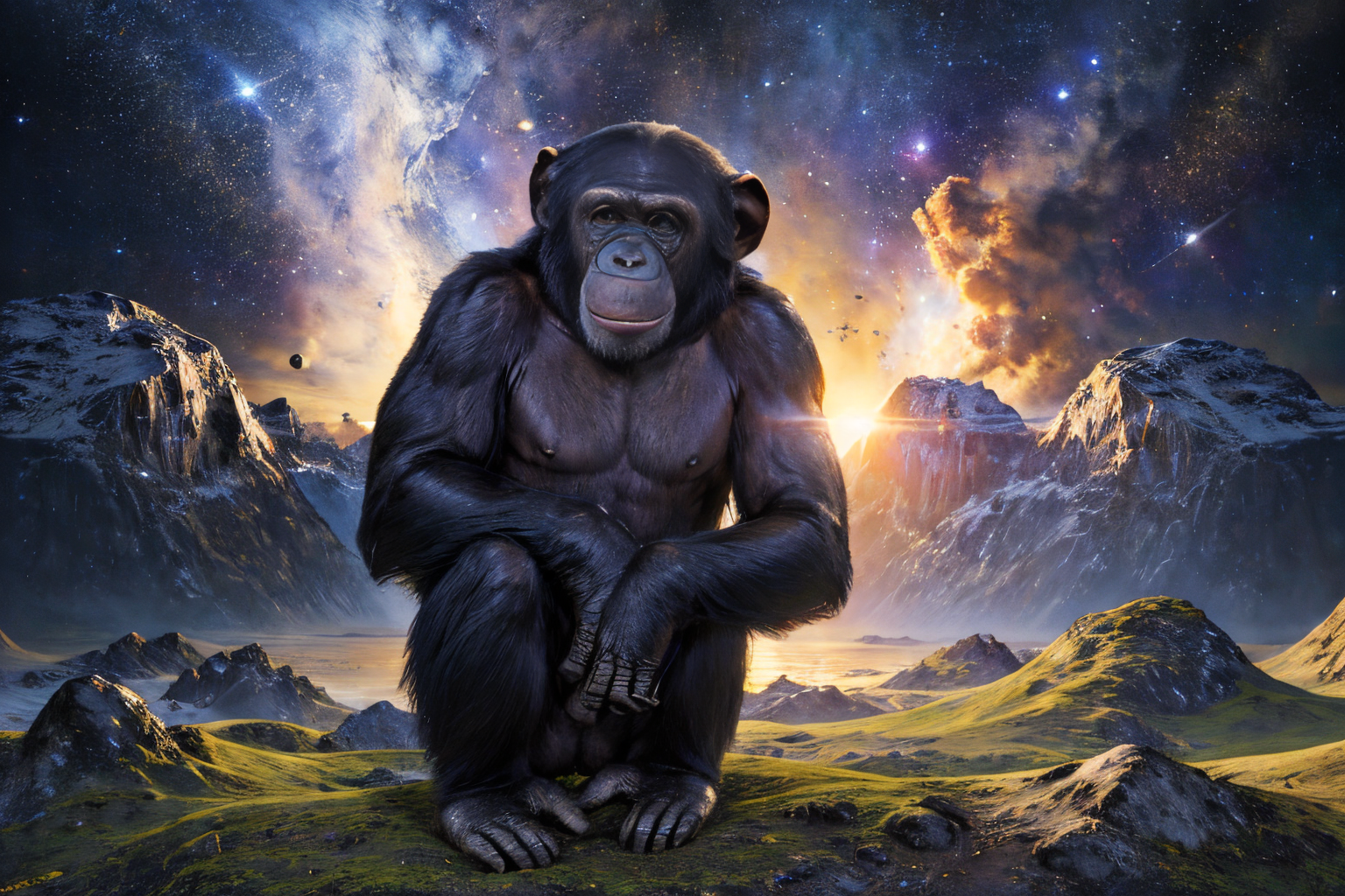 space landscape (masterpiece, best quality:1.2), ultra-detailed, EdobChimpanzee chimpanzee, (realistic:1.5), <lora:EdobChimpanzee_v1.0:0.7>  <lora:SyFyEye1_v1.0:0.7>