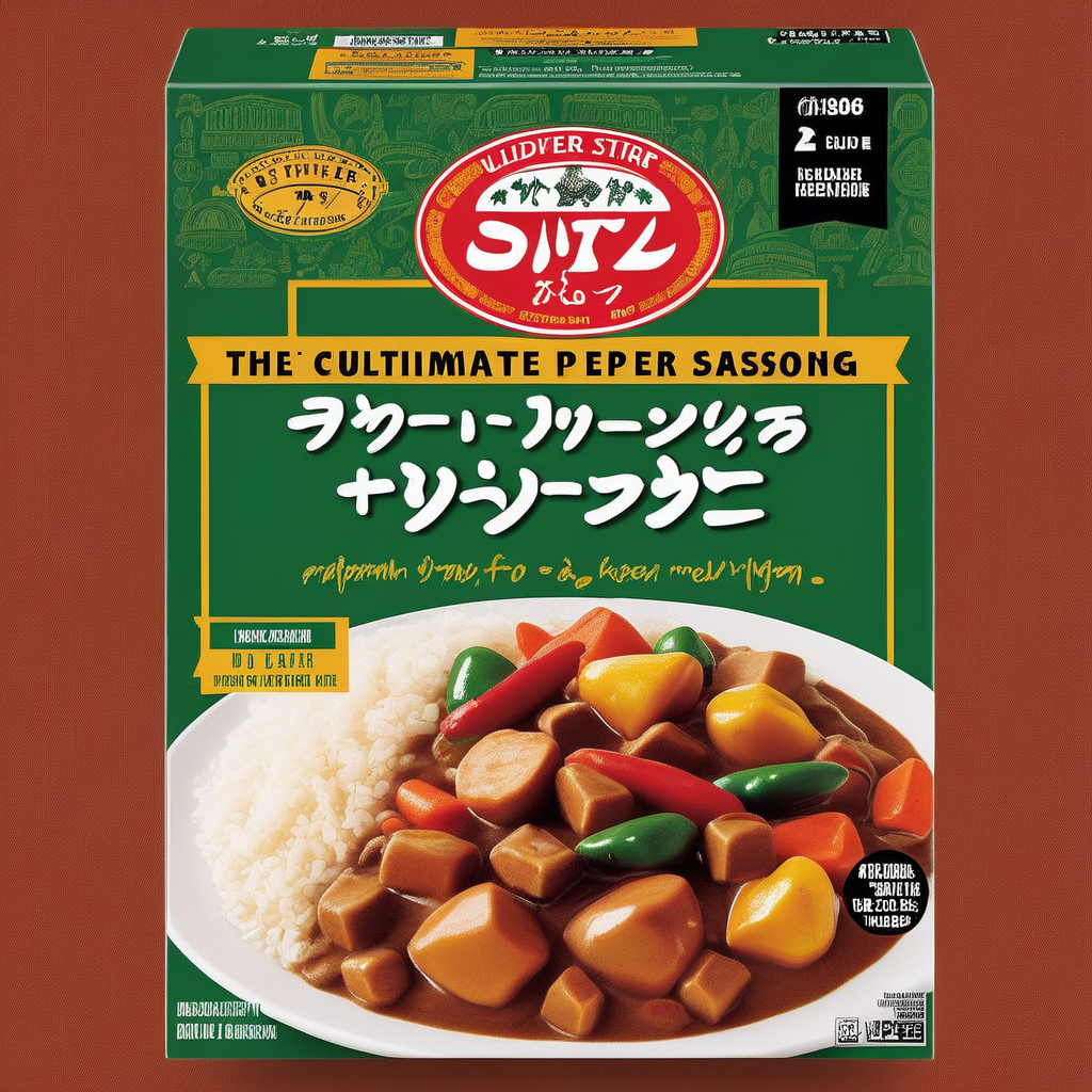 A packaging box for a stir-fry seasoning mix that includes pepper, soy sauce, garlic, and ginger. The box should be visually appealing and designed to catch the eye on a supermarket shelf. It should feature vibrant colors that represent the ingredientsâperhaps black for soy sauce, white for garlic, brown for ginger, and green for pepper. The front of the box must prominently display the product name in English, such as 'Ultimate Stir-Fry Seasoning Mix.' Imagery of the key ingredients should be tastefully arranged around the product name. The overall design should convey the essence of a quick, delicious, and easy-to-make stir-fry meal, <lora:tlbv1:0.55>