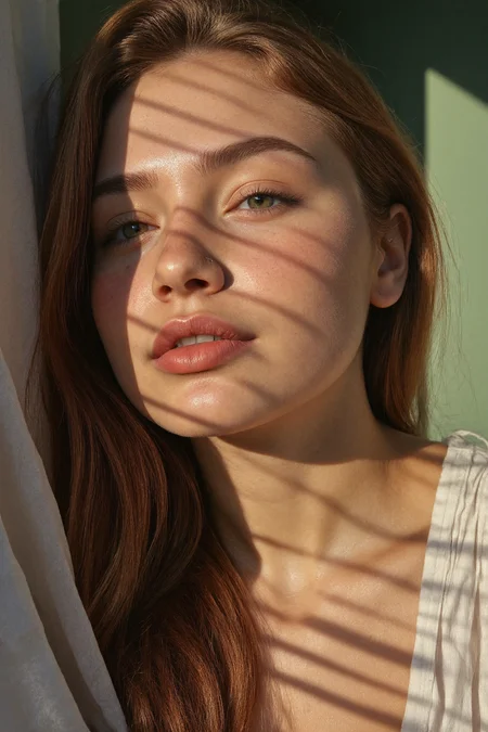 Ultra High Resolution photo. Close-up portrait of a stunning, captivating Woman with long, wavy brown hair wearing a ruffled blouse, captured with natural light filtering through the blinds, creating a pattern of shadows on her face and skin. The setting is a serene interior space with a muted green wall that complements her soft white skin. The warm, golden tones of the sunset enhance her natural beauty, highlighting her freckled complexion and expressive eyes. Her pose is relaxed, radiating a sense of calm and confidence. The overall aesthetic is hyperrealistic, focusing on the interplay of light and shadow, highlighting the softness of her features and the intricate details of the fabric. The scene evokes a mood of intimacy and passion, inviting viewers to appreciate the beauty of simplicity. nikon d50 with a 15mm lens, ISO 320, shutter speed 1/1000 and a medium depth of field,
detailifier
aidmaMJ6.1