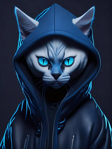 blackholeengine , a white cat wearing a blue hoodie with blue eyes and blue eyes