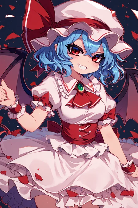score_9, score_8_up, score_8, medium breasts, (curvy), cute, eyelashes, BREAK, , zzRemilia, red eyes, blue hair, short hair, hat, ribbon, pink dress, wings, ascot, hat ribbon, bat wings, short sleeves, frills, puffy sleeves, <lora:Remilia_Touhou_PDXL:0.7>, BREAK, smile, looking at viewer, cowboy shot, ,,, embedding:zPDXL, Expressiveh, ,,, <lora:Zankuro_Style_PDXL:0.8> <lora:SDXLFaeTastic2400:0.5>, <lora:Expressive_H-000001:0.4>,