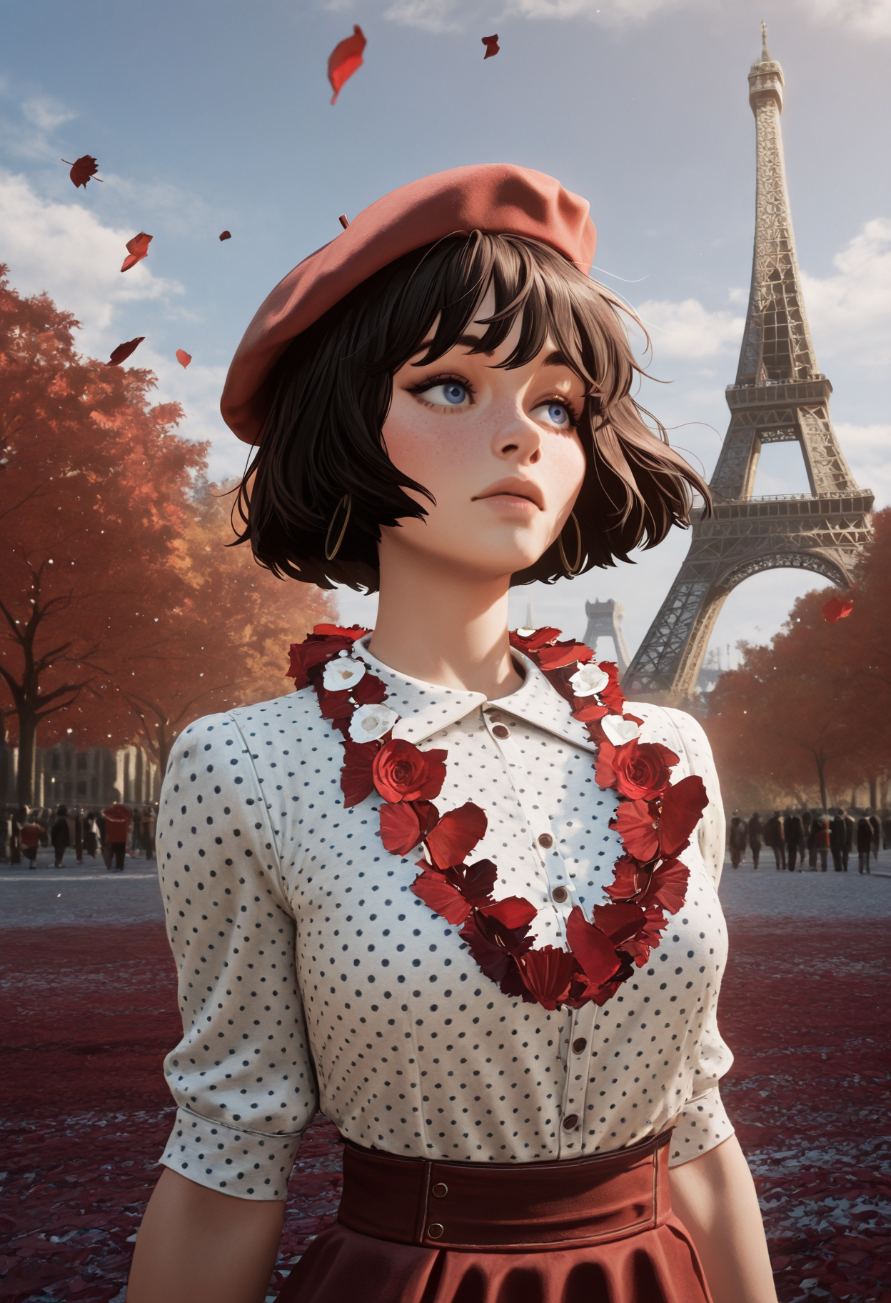 masterpiece, best quality, amazing quality, 1girl, <lora:sophie_illustrious_byJaneB:1>, s0phiee33,
red beret, white polka dot shirt, red skirt, flower necklace,  paris, Eiffel tower, upper body, autumn leaves, red leaves, red petals falling, blue eyse