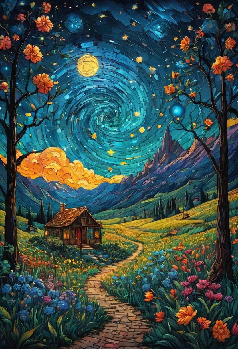 art, oil painting, best quality, dark tales, the image displays a vibrant, colorful floral artwork with large flowers and intricate swirls. this design could inspire various products, such as a decorative wall mural or a high quality canvas print for home decoration. the vivid colors and detailed patterns would make it an eye catching centerpiece in any room, bringing a touch of nature and elegance to the space. in the van gogh style, starry sky, dan mumford, andy kehoe, 2d, flat, delightful, vintage, art on a cracked paper, patchwork, stained glass, fairytale, storybook detailed illustration, cinematic, ultra highly detailed, tiny details, beautiful details, mystical, luminism, vibrant colors, complex background