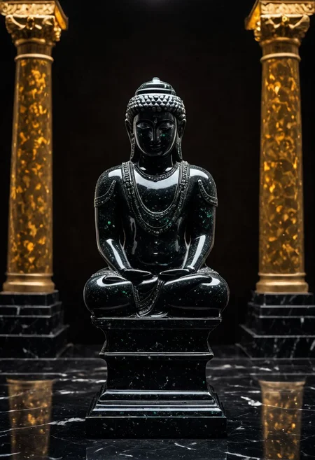 Fujifilm XT3, Sony A7 IV, (award winning photography) a (black: 0.79) marble simple stylized baal haddad (fetish-idol) made of opal (Kintsugi: 0.89) set on a pedestal in temple, glistening. in the background beautiful pillars, divine (iridescent: 0.79), opalescent textures, volumetric light, ethereal, sparkling, studio photo, highly detailed, sharp focus (highest quality: 1.39) (highest coherency: 1.39) (award winning photography), highly detailed photography, (muted colors, cinematic, dim colors, soothing tones:1.2), vibrant, insanely detailed, hyperdetailed, (dark shot:1.2), (vsco:0.3), (intricate details:0.9), (hdr, hyperdetailed:1.2) (vignette), sss, raw photo, fijifilm, kodak, cinematic film grain, mesopotamian, babylonian