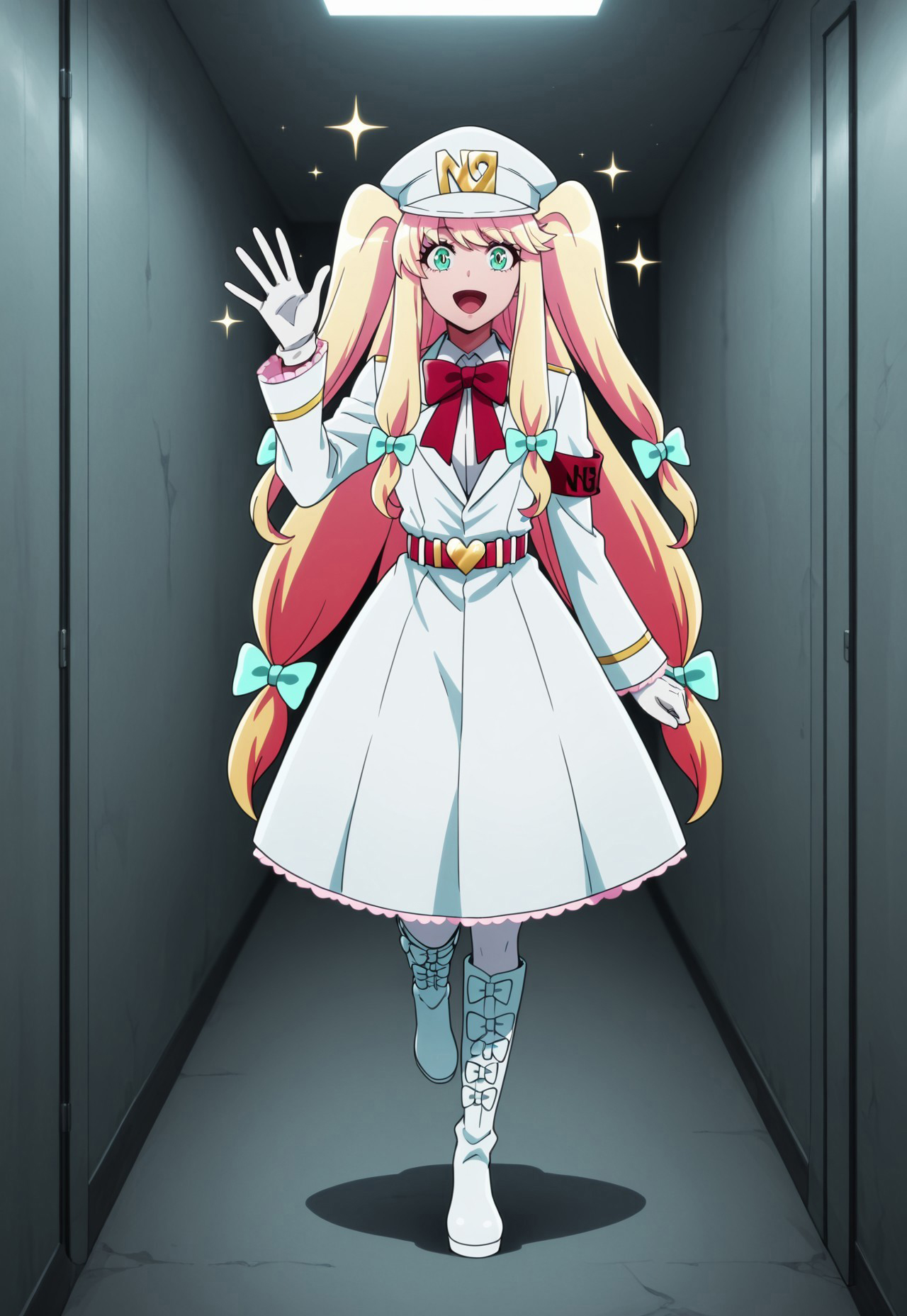 masterpiece, best quality, amazing quality, very aesthetic, absurdres, dynamic angle, ultra-detailed, highly detailed, cinematic lighting, realistic shading, BREAK
indoors, prison, corridor, :D, sparkling aura, looking at viewer, waving, standing on one leg, BREAK
NBPGHitoshi,1boy, official alternate hairstyle, blonde hair, two side up, low-tied sidelocks, low-tied long hair, quin tails, blue hair bow, official alternate costume, white peaked cap, red bowtie, white coat dress, pink frills, layered clothes, white collared shirt, red armband, number, white gloves, red heart belt, white pantyhose, white knee boots, 