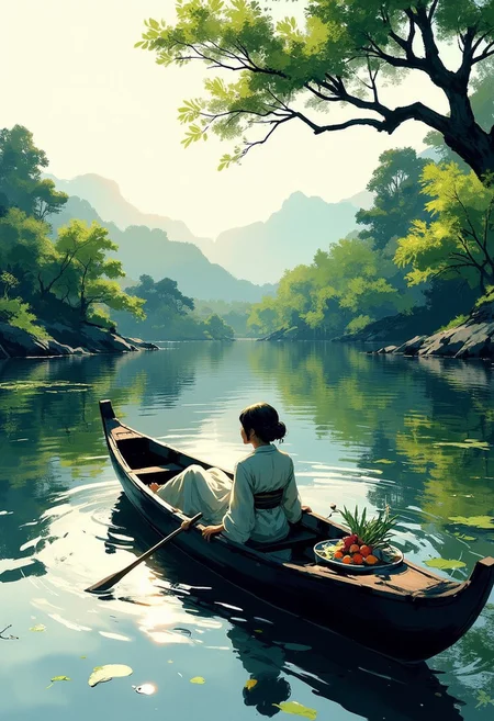 Special Ink-drawing mode, Mh1$AgThS2, 2D flat anime, intricate linework with expressive contrasts, BREAK
Japanese woman lying in small traditional Asian punt in a tranquil lake, bordered by verdant woodland, misty dawn, distant mountains