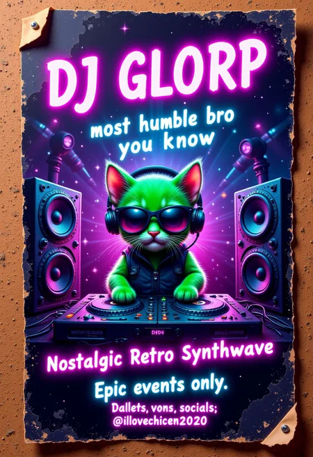 close up of a poster tacked onto an old, dirty corkboard at a local bar. the poster is bit crinkled and worn around the edges, and is tacked onto the corkboard with thumbtacks at the four corners. the poster is dark and cyberpunk themed and displays an advertisement for a popular DJ. the poster depicts a DJ who is working the turntables at a rave; the poster focuses on the DJ and his turntables. the DJ is an adorable green kitten with alien ears wearing sunglasses and large headphones. the DJ is focusing completely on his turntables. there is a light show at the rave and different color lights illuminate the DJ from various angles. to either side of him are two huge full stack speakers vibrating with the music. at the top of the poster there is bright neon purple text: "DJ Glorp: most humble bro you know." at the bottom of the poster is also bright neon purple text: "Nostalgic Retro Synthwave." there is an additonal line of text at the very bottom of the poster: "Epic events only. socials: @ilovechicen420"
aidmaTextImprover