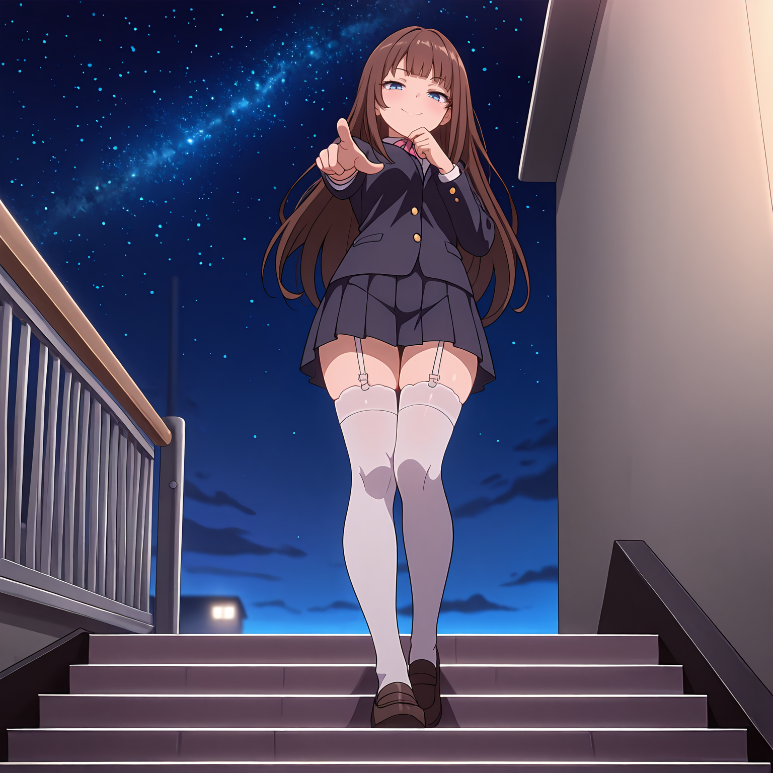 masterpiece,best quality,amazing quality,  depth of field, (solo:1.2), <lora:Charlotte_Futsuma_Shoujo:0.8> enchal, scuni, brown hair, blue eyes, school uniform, night, starry sky, standing, on stairs,  thinking, (full body:1.3), white thighhighs, white garter straps, from below, looking down, seductive smile, pointing at viewer,
