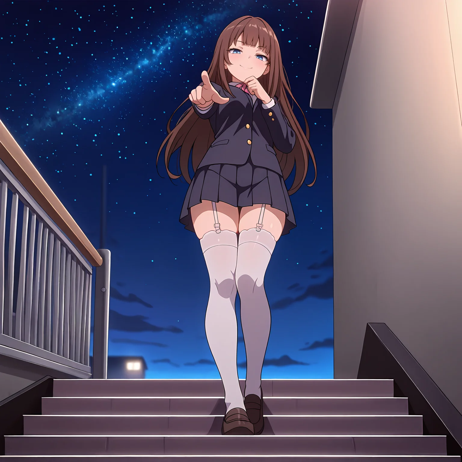 masterpiece,best quality,amazing quality, depth of field, (solo:1.2), <lora:Charlotte_Futsuma_Shoujo:0.8> enchal, scuni, brown hair, blue eyes, school uniform, night, starry sky, standing, on stairs, thinking, (full body:1.3), white thighhighs, white garter straps, from below, looking down, seductive smile, pointing at viewer,