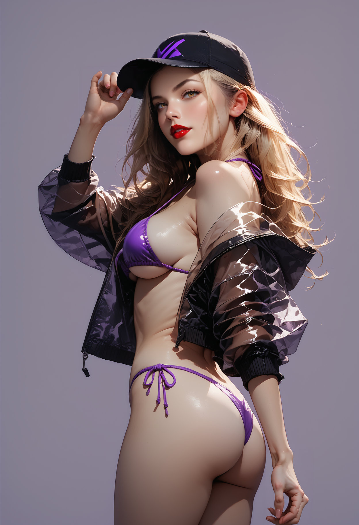 photo, realistic, score_9, score_8_up, score_7_up, score_7, score_6_up, score_5_up, full body portrait, a woman, blonde hair, black cap, (wearing reij-ndrbbjckt bikini <lora:underboobjacket-000004:1>, black transparent jacket ), empty room, lush breasts, (simple purple background:1.2), posing, dynamic, matt colors, , ,  dolleij01py <lora:Dolleij01PY-000003:0.5>, beautiful woman portrayed in her naturalness:sensual,noble,pure and self-confident, joyful,sporty, dynamic angle, back side view, (leaning backward:1.2), hazel eyes, prefect round ass