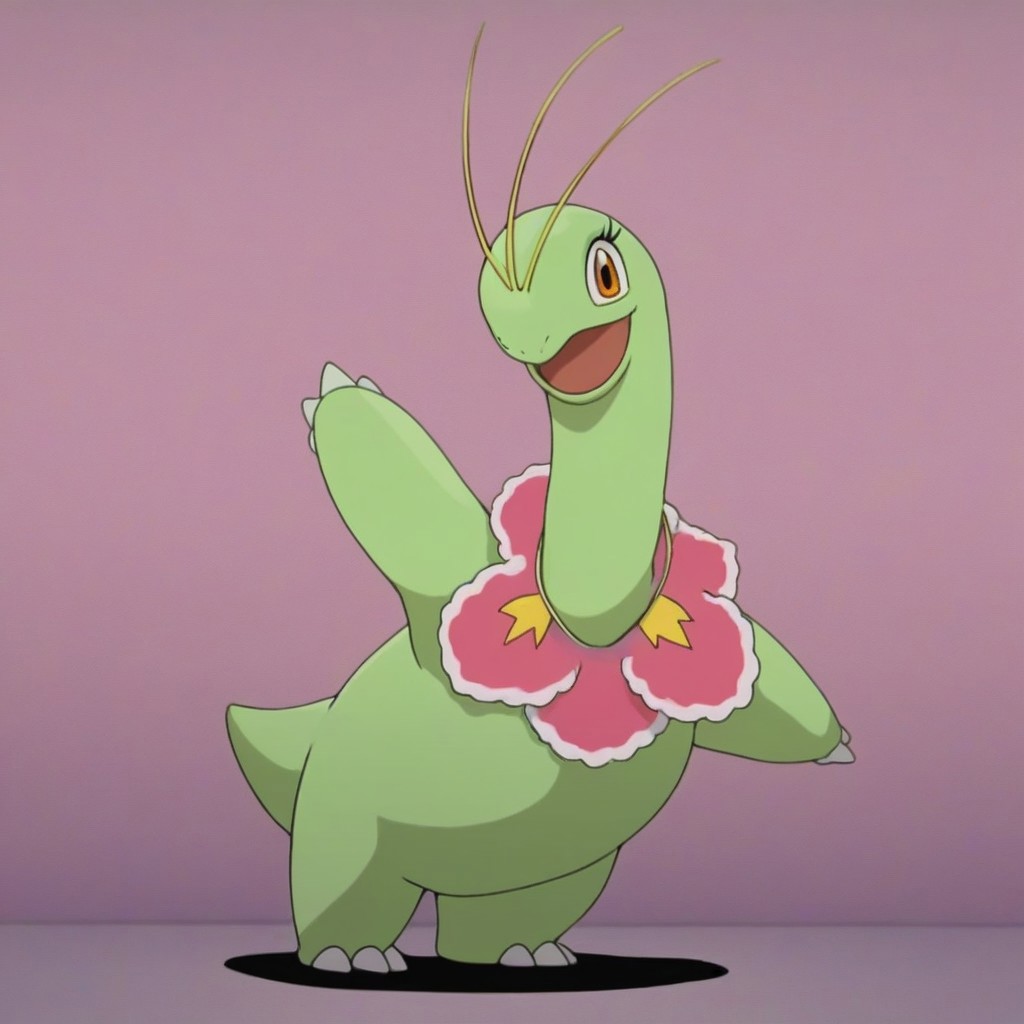 Meganium, pokemon, female, (((eyelashes))), disney, girly, (((wearing pink heart necklace))), full body, solo, looking at viewer, open eyes, open mouth, happy, smiling, dancing, posing, solo, two antenna