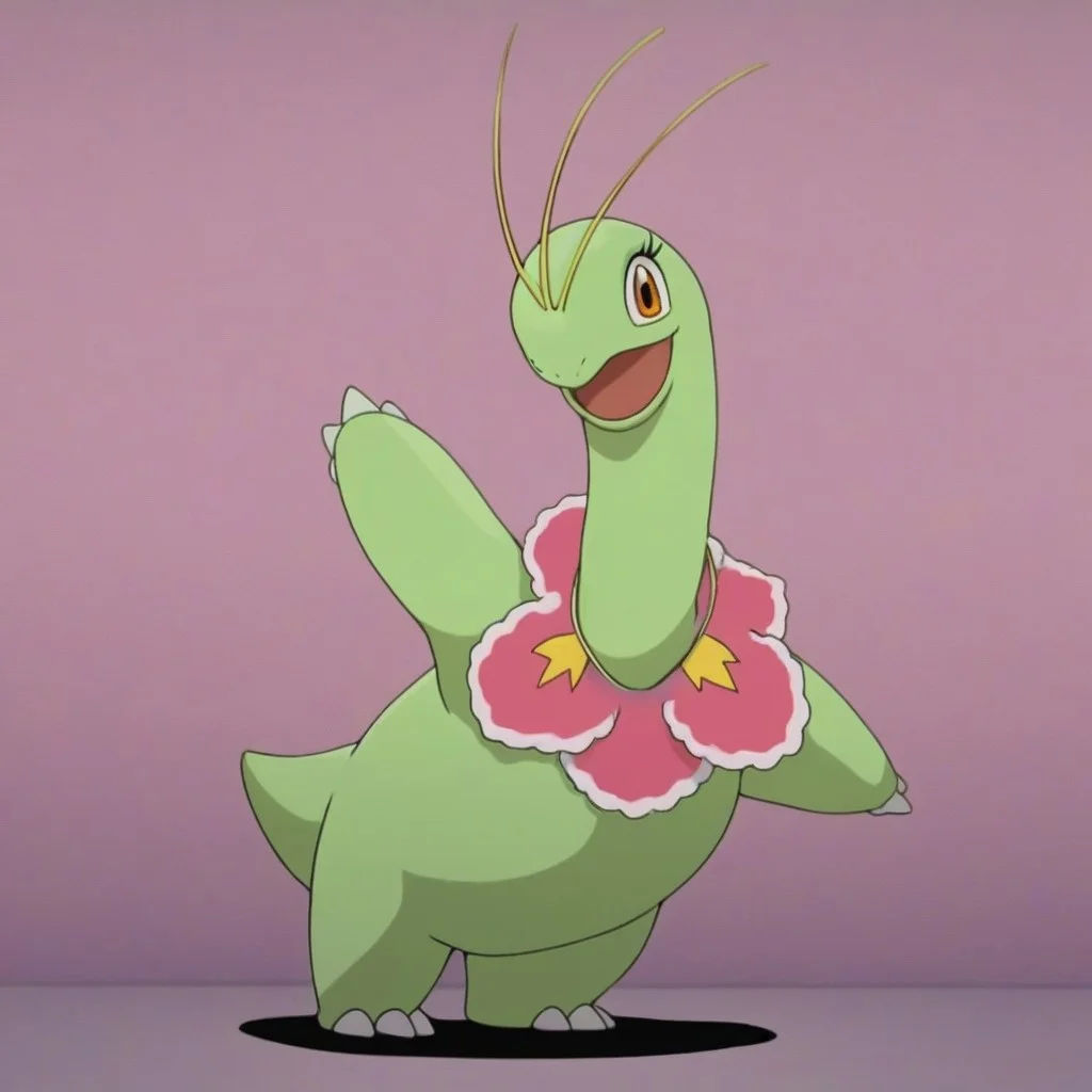 Meganium, pokemon, female, (((eyelashes))), disney, girly, (((wearing pink heart necklace))), full body, solo, looking at viewer, open eyes, open mouth, happy, smiling, dancing, posing, solo, two antenna