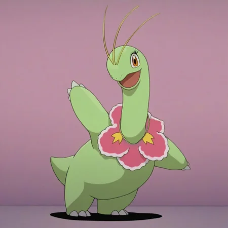 Meganium, pokemon, female, (((eyelashes))), disney, girly, (((wearing pink heart necklace))), full body, solo, looking at viewer, open eyes, open mouth, happy, smiling, dancing, posing, solo, two antenna