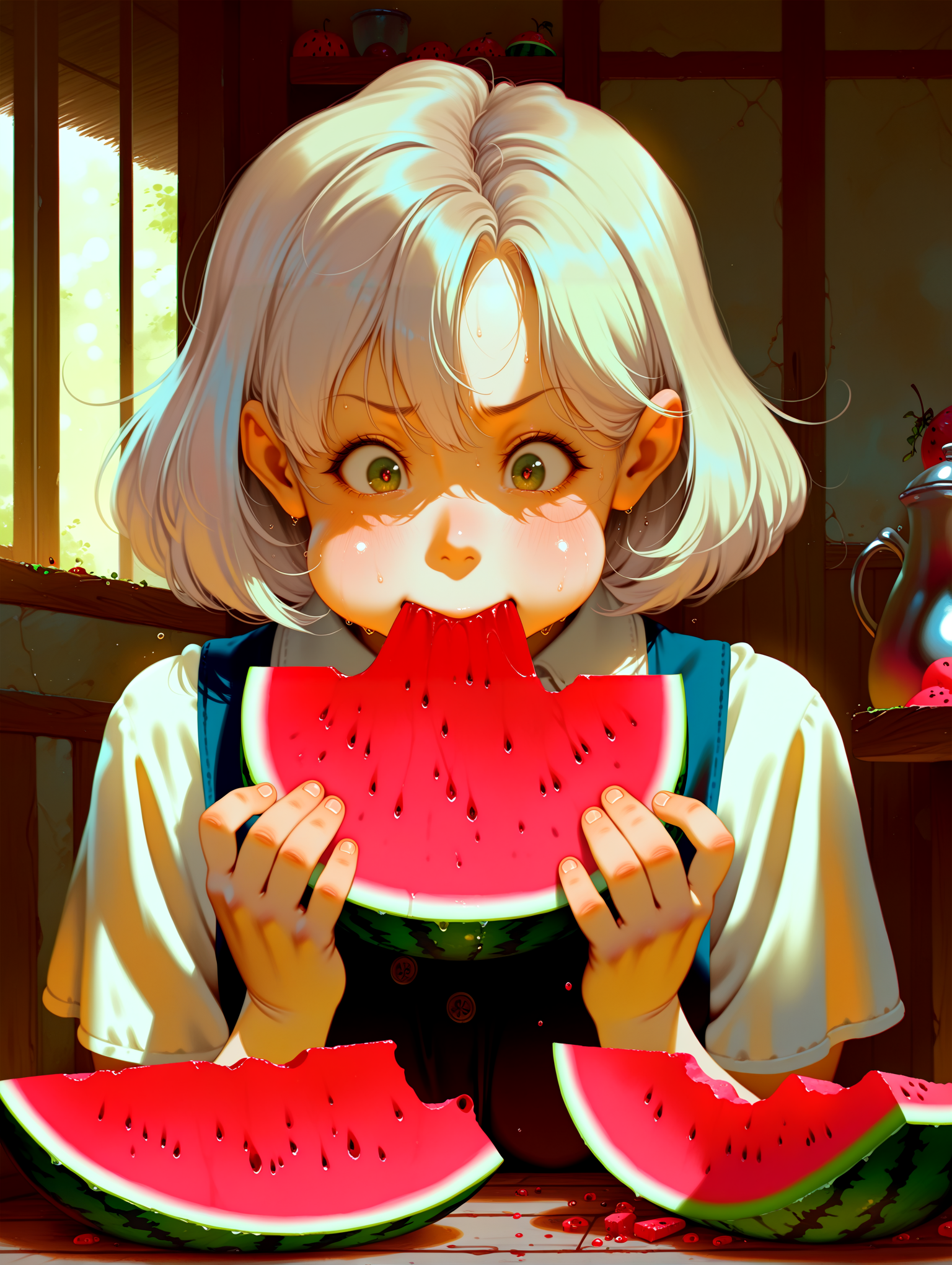 masterpiece, best quality, absurdres, amazing quality <lora:cfg_scale_boost:0.3> <lora:StS-Illustrious-Detail-Slider-v1.0:3> <lora:StS_Age_Slider_Illustrious_v1:3>,detailed_background,indoors,solo,food,short hair,blush,alkemanubis,fruit,highres,watermelon,eating,green eyes,1girl
