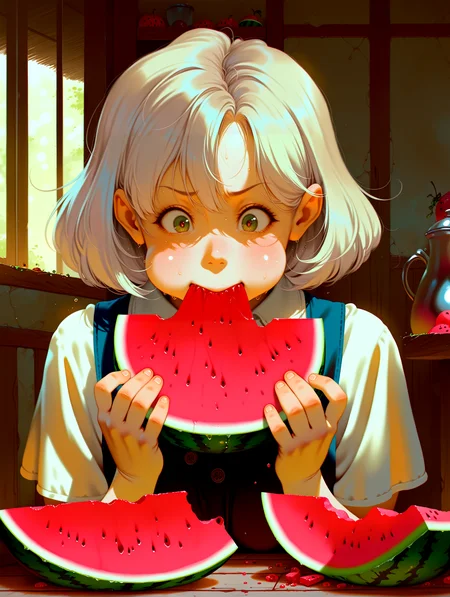 masterpiece, best quality, absurdres, amazing quality <lora:cfg_scale_boost:0.3> <lora:StS-Illustrious-Detail-Slider-v1.0:3> <lora:StS_Age_Slider_Illustrious_v1:3>,detailed_background,indoors,solo,food,short hair,blush,alkemanubis,fruit,highres,watermelon,eating,green eyes,1girl
