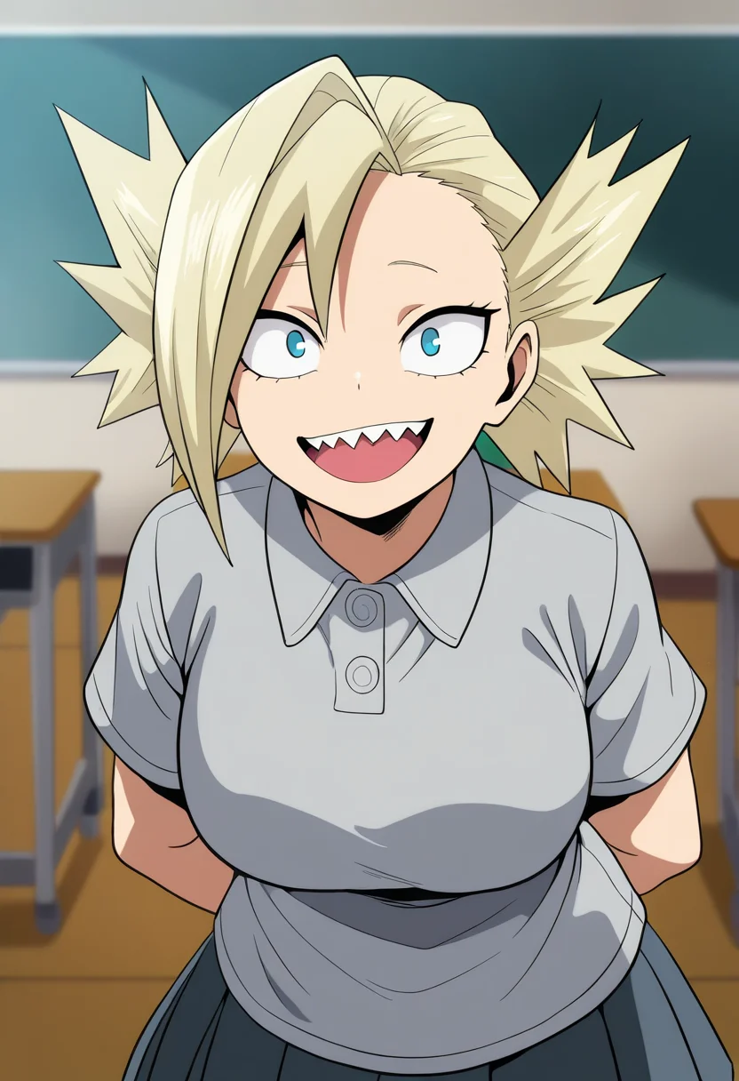 masterpiece, best quality, very aesthetic, absurdres,
1girl, nakagame, blonde hair, short hair, blue eyes,
pleated skirt, short sleeves, collared shirt, grey shirt, school uniform,
arms behind back,
upper body,
smile, open mouth, sharp teeth,
solo, looking at viewer, indoors, desk, classroom background , <lora:TatamiNakagameNoobXL_byKonan:1>