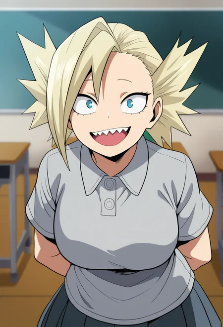 masterpiece, best quality, very aesthetic, absurdres,
1girl, nakagame, blonde hair, short hair, blue eyes,
pleated skirt, short sleeves, collared shirt, grey shirt, school uniform,
arms behind back,
upper body,
smile, open mouth, sharp teeth,
solo, looking at viewer, indoors, desk, classroom background , <lora:TatamiNakagameNoobXL_byKonan:1>