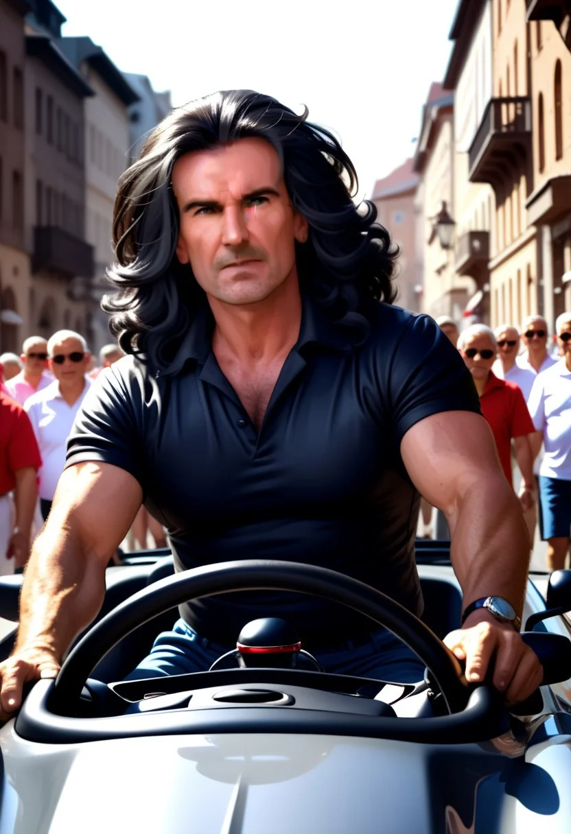 Captain Marko with big dark hair, aged 60, driving sports car, old city, crowds