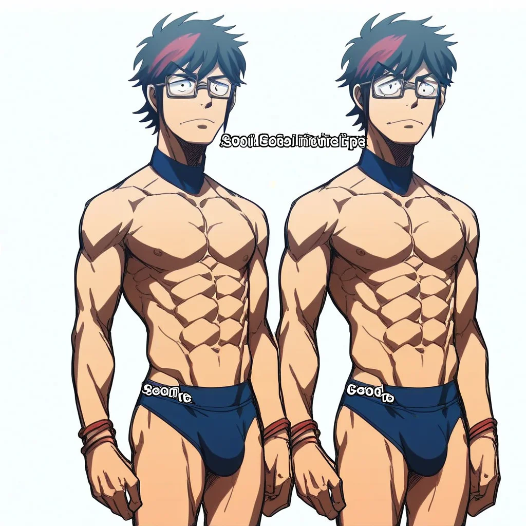 Seto Takuma, 1boy, glasses, male focus, solo, black hair, meme, streaked hair, multicolored hair, black eyes, swimsuit, male swimwear, abs, bracelet, speedo, topless male, score_9, score_8_up, score_7_up, score_6_up <lora:vinceteaa_020_04v2-step00000400r:1> good face, good eyes, looking at viewer, full body,