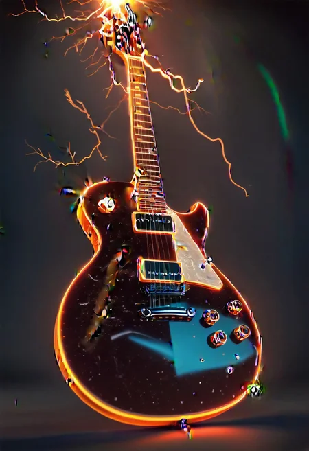 ambient music  <lora:novuschroma43 style:0.9> novuschroma43 style <lora:sdxl_lightning_8step_lora:1>,novuschroma43 style, bad-picture-chill-75v, glowneon, glowing, sparks, lightning,swiss, les Paul guitar,bad-picture-chill-75v, glowneon, glowing, sparks, lightning, novuschroma43 style, SyFyEye1