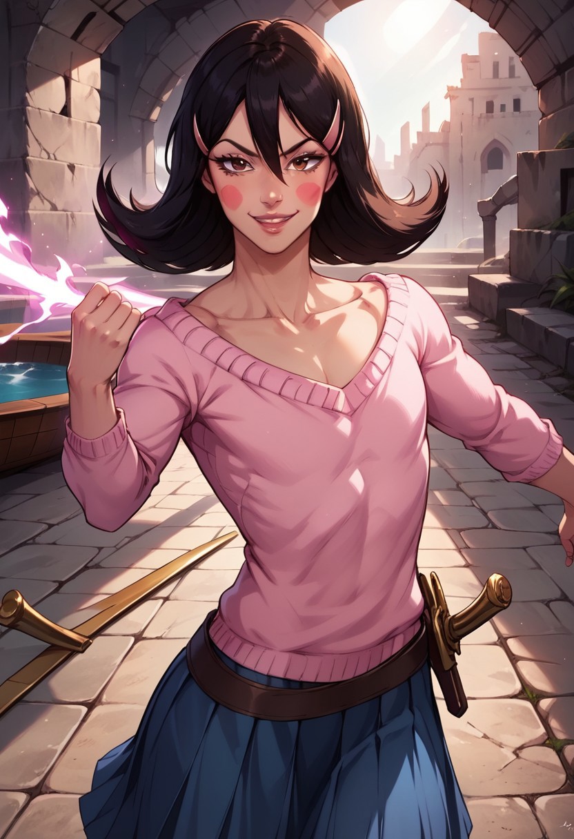 OkamaitachiOPM, 1girl, solo, otoko no ko, black hair, long hair, hair between eyes, hair ornament, hair clip, brown eyes, lips, blush stickers, collarbone, flat chest, boat neck pink sweater, long pleated blue skirt, belt, weapon, sabre, leather stiletto ankle boots,
seductive pose, sexy pose, tease,  in the spotlight,,
smile, ruins,action pose ,
score_9, score_8_up, score_7_up, beautiful aesthetic, very intricate, high quality details,vibrant, highly detailed, award-winning, professional,anime artwork, anime style, studio anime, athletic, curvy body, athletic, looking at viewer, pinup pose, teasing, dynamic lighting, cinematic, smug, better than you, aura of temptation, highly detailed, high resolution, masterpiece, detailed clothes, detailed background, highly detailed, ((sound effects)) comic layout,