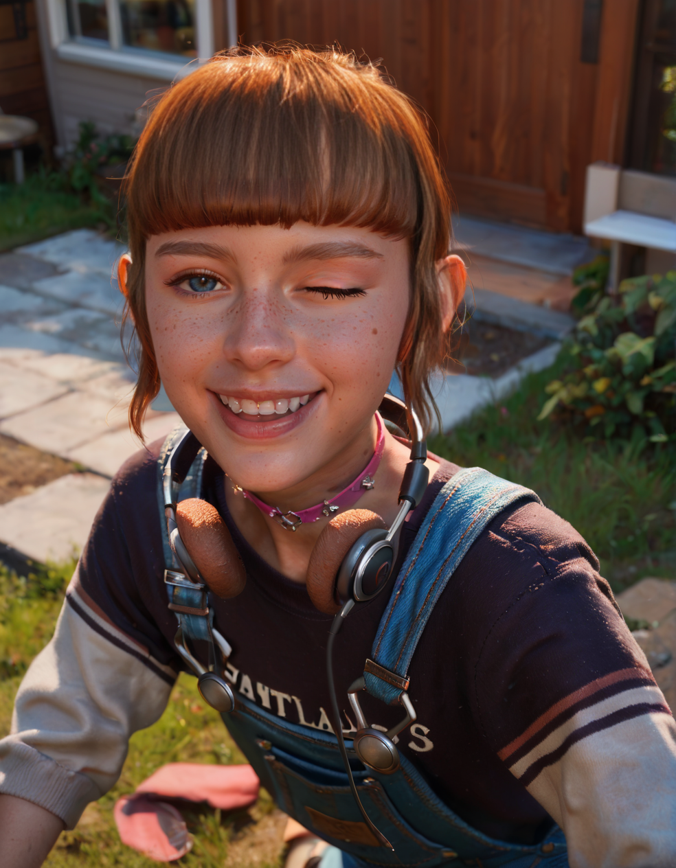 CyberRealisticPony_POSV1, <lora:kat_v1.7-000013:0.8>, 1girl, young, k4tgirl, pale skin, dark blue eyes, brown hair, short ponytail, sidelocks, blunt bangs, freckles, pink choker, headphones around neck, blue overalls, shirt, single off shoulder, looking at viewer, wink, open mouth, kneeling, from above, outside, house, depth of field, <lora:StS_PonyXL_Detail_Slider_v1.4_iteration_3:3>
