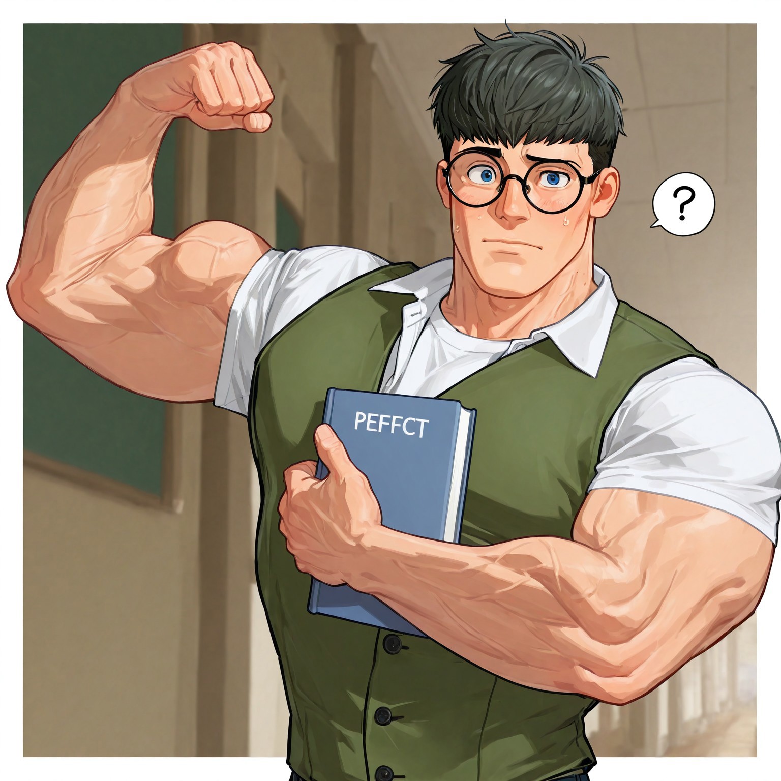 masterpiece, best quality, newest, absurdres, highres, white borders around characters, dim Light, dark soft light, school hallway, BREAK bara, muscular male, male focus, 1man, male focus, pecs, muscles, 1boy, nerd, nerdy, bowlcut hair, bowlcut, black hair, messy hair, no facial hair, no body hair, hairless body, hairless face, clean face, glasses, round glasses, thick glasses, blue eyes{{beefy}}, {{muscular}}, {{large}}, {{tall}}, portrait, HD, detailed face, veiny neck, veiny arms, upper body focus, timid, shy, portrait, face close up, close up shot, athletic, very awa, best quality, absurdres, newest, perfect quality, mouth closed, hugging books, white shirt, short sleeves, buttoned shirt, chest covered, body covered, pecs covered, green vest, looking at viewer, light skin, upper body focus, thin waist, flexing one arm, confused, one eyebrow raised, question mark 
