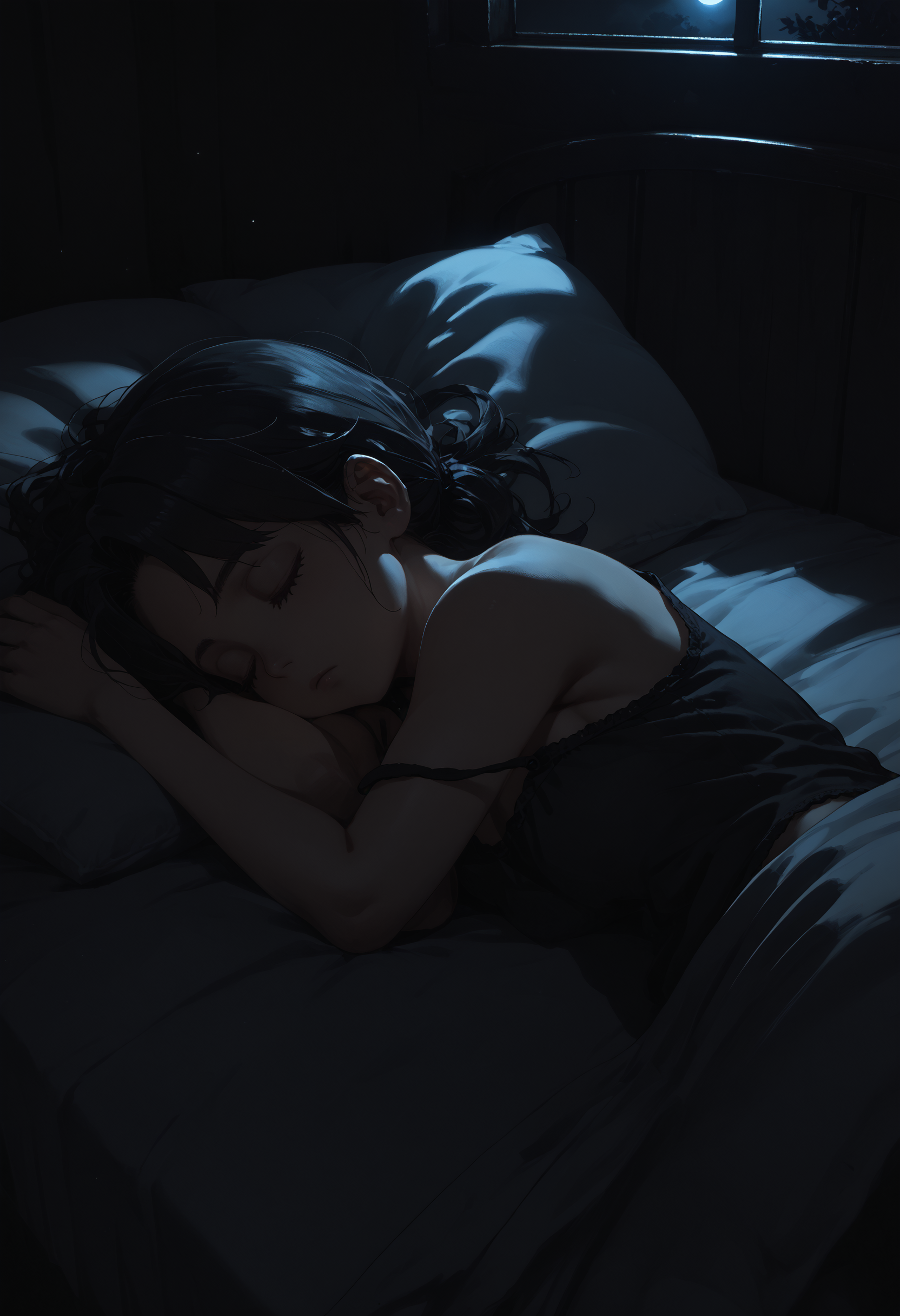 score_9, score_8_up, score_7_up, score_6_up, <lora:dark_v1.9-pony:1.3> 
dark theme, dim light, 
1girl, lying, on side, upper body, sleeping, bed, night, camisole,