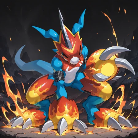 absurdres,highres,masterpiece,best quality,amazing quality,IllusP0s,<lora:Dramatic Lighting Slider:2.5>,<lora:StS-Illustrious-Detail-Slider-v1.0:3>,<lora:Flamedramon:1>,fl4dr4m0n,(digimon),claws,horns,tail,blue skin,(standing:1.4),facing viewer,1boy,solo,fists covered in fire,superhero landing,