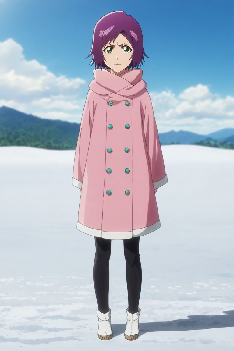 score_9, score_8_up, score_7_up, , anime screencap, rating_safe, intricate details, looking at viewer, depth of field, 1girl, green eyes, purple hair, bob haircut, ,, solo, full body, snowy mountain, day, clouds, arms at sides, wavy mouth, closed mouth, <lora:bleach_tybw_style_pony:1.2>, bleach_tybw_style, , <lora:sdxl_lightning_8step_lora:1>