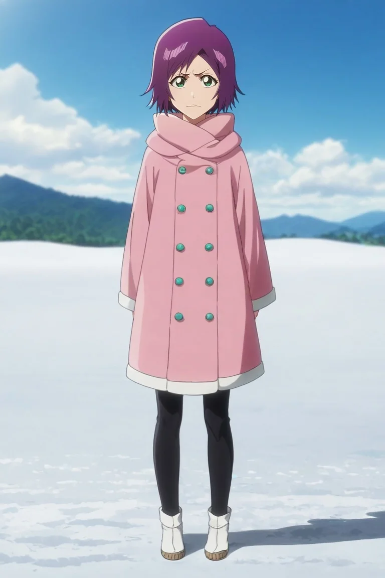 score_9, score_8_up, score_7_up, , anime screencap, rating_safe, intricate details, looking at viewer, depth of field, 1girl, green eyes, purple hair, bob haircut, ,, solo, full body, snowy mountain, day, clouds, arms at sides, wavy mouth, closed mouth, <lora:bleach_tybw_style_pony:1.2>, bleach_tybw_style, , <lora:sdxl_lightning_8step_lora:1>