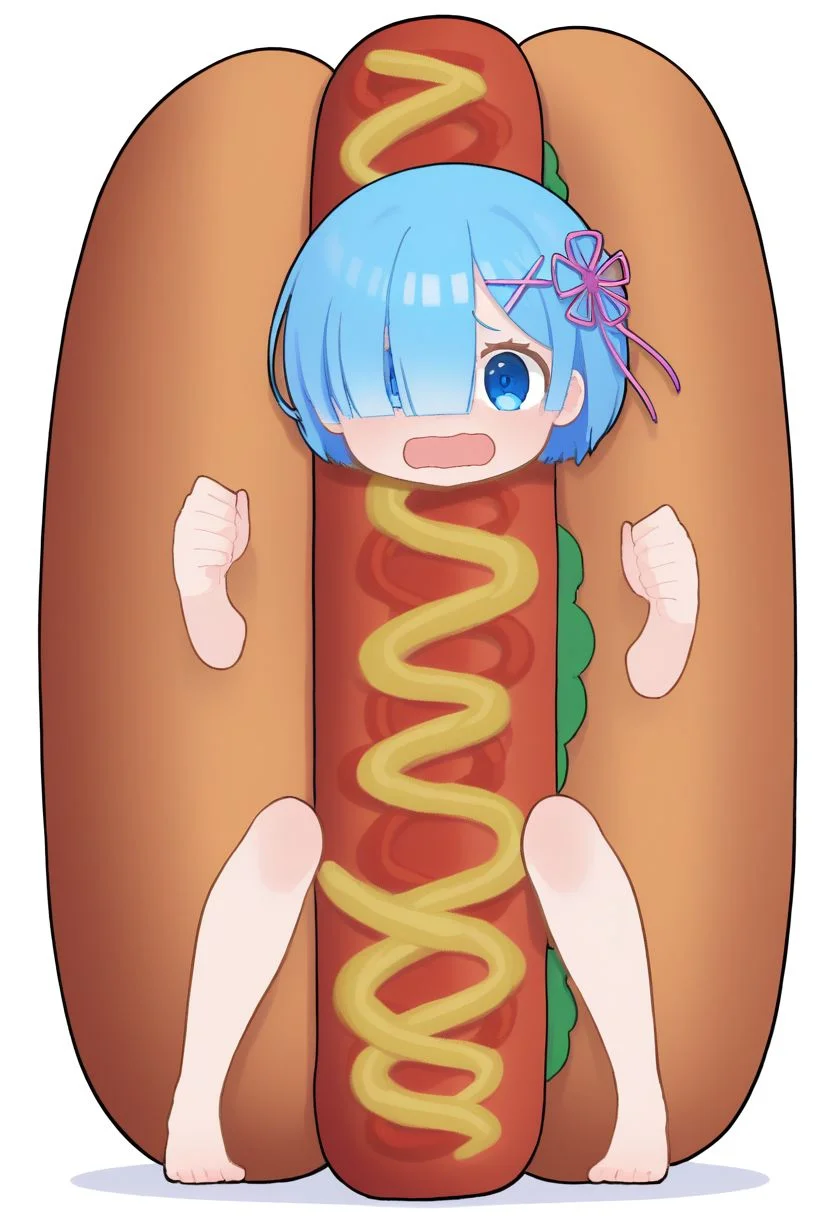Solo, 1 girl, rem, blue eyes, blue hair, hair ornament, hair over one eye, hair ribbon, short hair, x hair ornament, hot dog costume, @ @, open mouth, wavy mouth, white background, full body, long body,