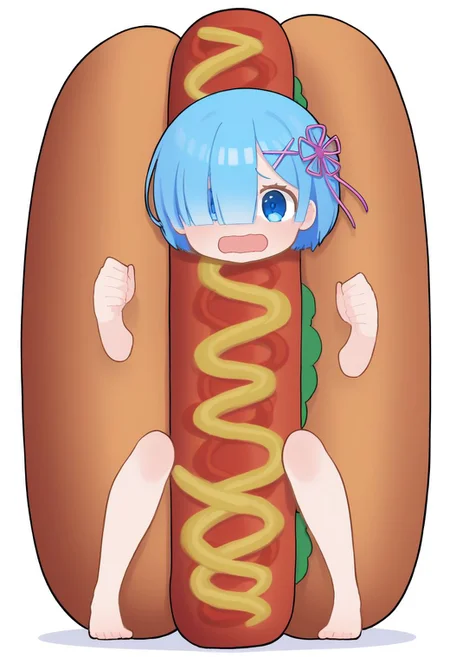 Solo, 1 girl, rem, blue eyes, blue hair, hair ornament, hair over one eye, hair ribbon, short hair, x hair ornament, hot dog costume, @ @, open mouth, wavy mouth, white background, full body, long body,