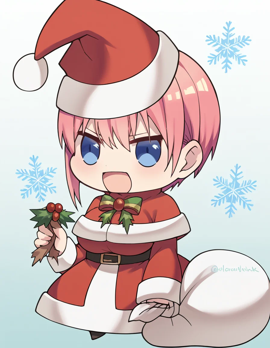 score_9, score_8_up, score_7_up, source_anime, <lora:ichika-nakano-s2-ponyxl-lora-nochekaiser:1>, ichika nakano, short hair, bangs, blue eyes, hair between eyes, pink hair, pixie cut, large breasts, <lora:padoru-ponyxl-lora-nochekaiser:1>, padoru, padoru (meme), holding sack, sack, santa hat, meme, christmas, open mouth, chibi, red capelet, santa dress, capelet, fur-trimmed headwear,, ,