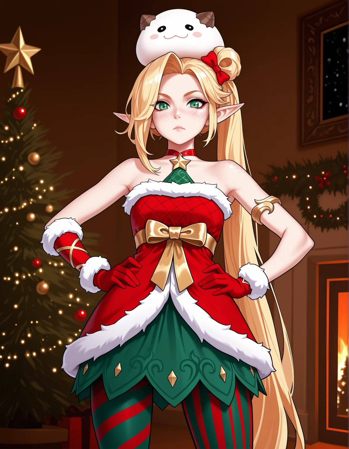 masterpiece,best quality, absurdres, highres, <lora:Elf Jinx Illu 2:0.9> elfjinxillu, santa costume, red choker, asymmetrical gloves, armlet, asymmetrical pantyhose, striped, freckles, hair bow, standing, looking at viewer, christmas tree, poro on head, hands on own hips,