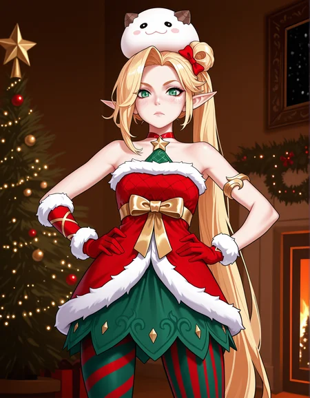 masterpiece,best quality, absurdres, highres, <lora:Elf Jinx Illu 2:0.9> elfjinxillu, santa costume, red choker, asymmetrical gloves, armlet, asymmetrical pantyhose, striped, freckles, hair bow, standing, looking at viewer, christmas tree, poro on head, hands on own hips,